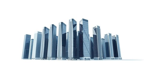 Obraz premium A series of sleek and modern skyscrapers standing in a row against a bright white background with a subtle gradient effect to emphasize depth, urban development, modern skyscrapers