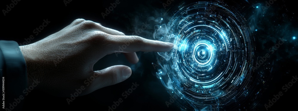 Poster a doctor's hand with a stethoscope operates with medical treatment symbols on a computer's virtual i