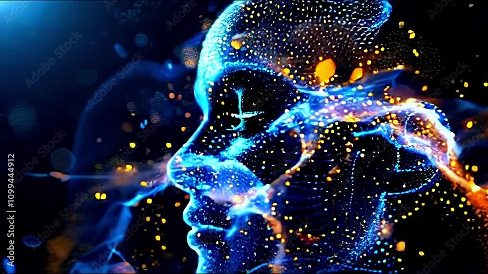 Poster visualization of big data flows from a digital human head. information sci-fi and aesthetic design. 