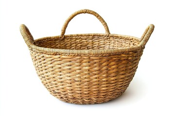 Obraz premium Handwoven wicker basket with handles on white background.