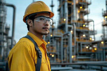 Asian man in worker's uniform against industrial plant or oil production station background. Heavy industry concept.