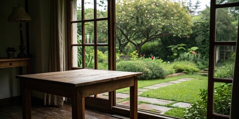 A simple wooden table stands alone in a cozy room with a window overlooking a lush green garden highlighting the calming ambiance, peaceful atmosphere, window view, cozy room, empty wooden table