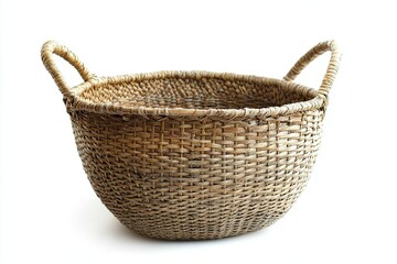 Obraz premium Handwoven wicker basket with handles on white background.