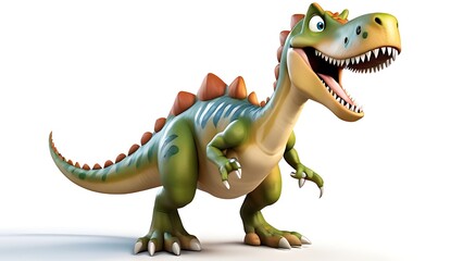 Fototapeta premium A 3D cartoon dinosaur with a goofy grin, standing on two legs, set against a white background