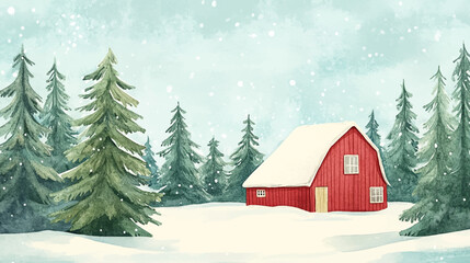 Watercolor Winter rustic illustration of a red barn surrounded by snow and pine trees, capturing the serene essence of winter countryside vector illustration. © Pickoloh
