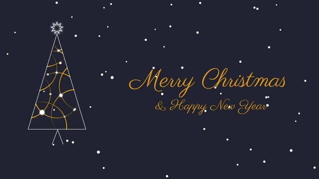 Modern Christmas and happy New Year card with white snowflakes, chistmas tree with star, baubles and golden text on the blue gradient background. Animated greeting card with winter seasonal symbols.