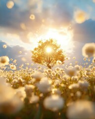 Sunlit field of dandelions with tree nature landscape springtime serenity vibrant colors peaceful atmosphere