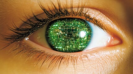 Human eye with digital circuits and a futuristic glow, representing AI and cybernetic technology.