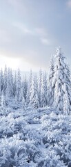 Frozen forest landscape with snow-covered trees and frosty undergrowth, serene atmosphere, forest, woods, , snow