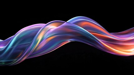 Obraz premium Futuristic Iridescent Wave: A Close-Up of a Holographic, Curved Fluid Shape Floating in Air, Captured in High Detail with Colorful Light Refraction Against a Black Background in Sci-Fi Aesthetic
