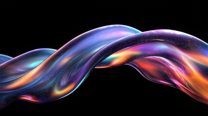 Futuristic Iridescent Wave: A Close-Up of a Holographic, Curved Fluid Shape Floating in Air, Captured in High Detail with Colorful Light Refraction Against a Black Background in Sci-Fi Aesthetic
