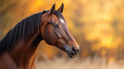 Obraz premium Majestic Brown Horse Stallion Standing in Autumn Sunset Landscape