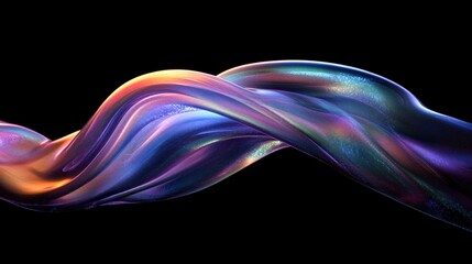 Obraz premium Futuristic Iridescent Wave: A Close-Up of a Holographic, Curved Fluid Shape Floating in Air, Captured in High Detail with Colorful Light Refraction Against a Black Background in Sci-Fi Aesthetic