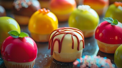 Obraz premium Colorful glazed pastries and desserts in artistic display