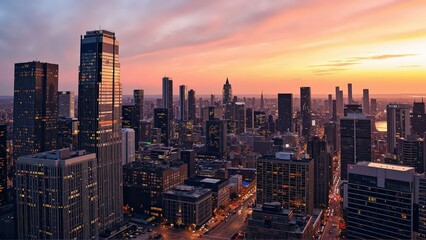 Fototapeta premium Generative AI, Modern Metropolis at Sunset with Reflective Skyscrapers