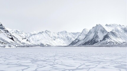 Obraz premium Snowy mountain range with a frozen lake and barren trees, serene landscape, winter wonderland, panoramic view, frozen lake