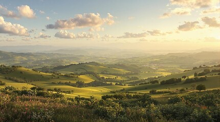 Sloping hills and valleys create a sense of depth, rolling hills, natural scenery, countryside views