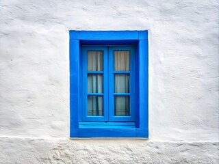 Fototapeta premium Charming Blue Window on a Crisp White Wall: A Captivating Scene of Architectural Simplicity and Serenity for Modern Home Decor and Interior Design Inspiration