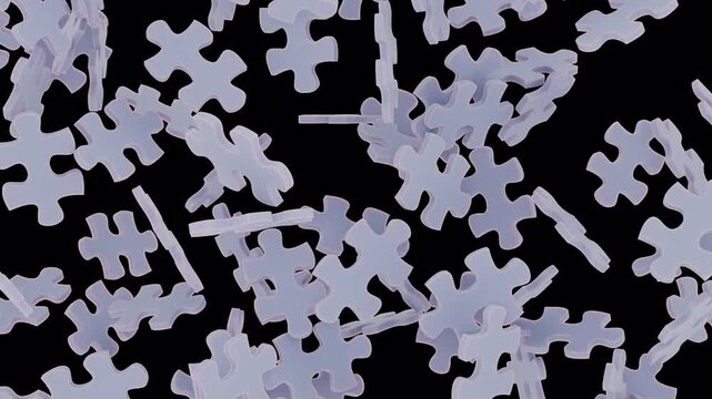 Scattered pieces of the puzzle fit together into a whole.
Animation of puzzle pieces scattered randomly and then falling into place, then one piece falls off and the camera pans through, creating a sm