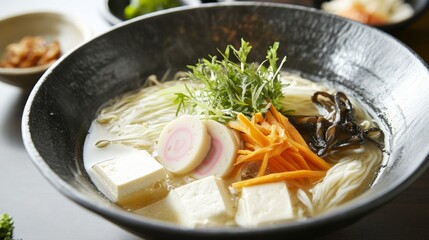 Noodle soup with broth, mushrooms, tofu, and carrots