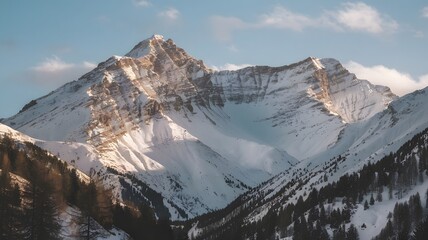 A picturesque snowy mountain scene, with a clear blue sky behind it