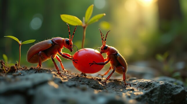 Ant Teamwork: Vibrant Petal Journey on a Pebbled Path