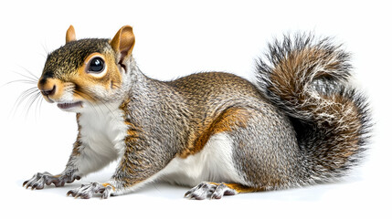Obraz premium Realistic Portrait of a Curious Squirrel Posing on a White Background, Capturing Its Unique Features