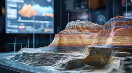 A 3D geological model, showing rock layers and seismic data points on digital displays