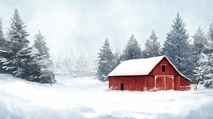 Watercolor Winter rustic illustration of a red barn surrounded by snow and pine trees, capturing the serene essence of winter countryside vector illustration. © Pickoloh
