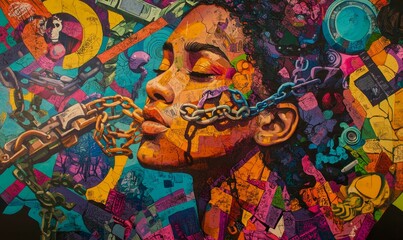 Obraz premium Abstract portrait, chained, vibrant colors, collage style.