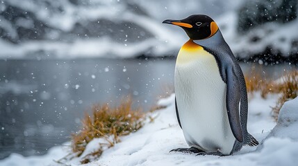 Fototapeta premium Solitary King Penguin Standing Amidst the Snowy Landscape of the Antarctic Tundra
