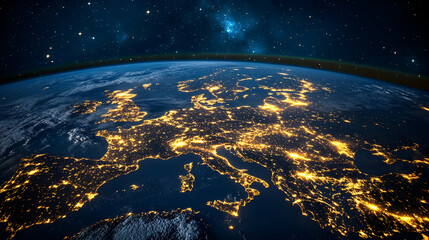 Obraz premium Nighttime View of Europe from Space with Glowing City Lights and Starry Sky Above the Planet Earth