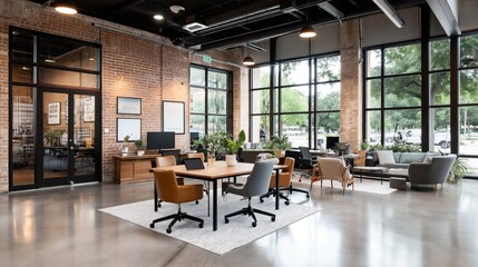Modern open office space with industrial design, featuring large windows, brick walls, and contemporary furniture including tables, chairs, and plants for a collaborative work environment.