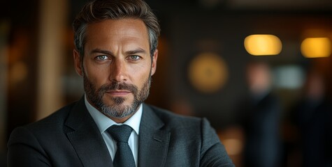 Fototapeta premium A man in a suit and tie is standing in front of a wall. He is looking directly at the camera