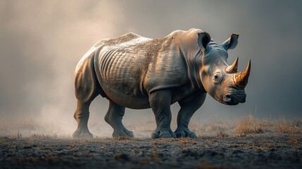 Fototapeta premium Powerful Rhinoceros Prowling Across Dusty African Savanna Landscape