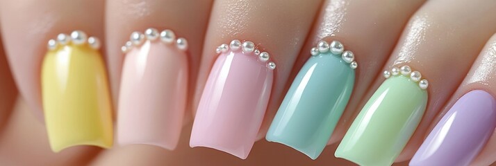 Obraz premium A close-up of beautifully manicured pastel nails adorned with pearls.