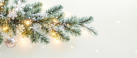 Snowflakes and Christmas decorations on a frosty spruce tree branch, snowflakes, festive atmosphere, winter wonderland