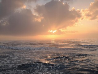 Softly glowing ocean at sunrise with misty atmosphere, sunrise, horizon, sky, blue