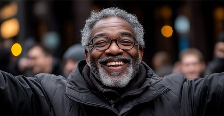 Obraz premium A man with glasses and a beard is smiling and wearing a black jacket. He is surrounded by other people, some of whom are also smiling. Scene is happy and friendly