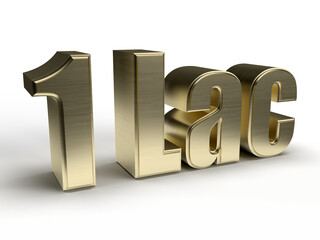 Isolated 1 Lac in Golden Texture and Gold Metallic Three Dimensional Alphabet, Golden 3D Render Illustration with White Background.