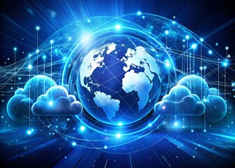 Obraz premium Digital Illustration of Cloud Computing with Stylized Clouds, Binary Data, and Globe Background, Representing Global Technology and Connectivity in a Night Photography Style