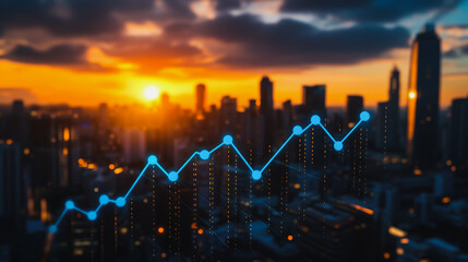 Naklejka premium Smart digital Innovation city with connection network reciprocity over the sunset cityscape. of future wireless digital city and social media networking systems that connects people with in city