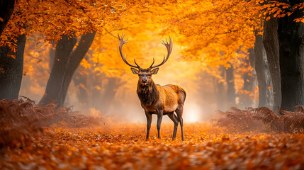 Majestic stag standing in a serene autumn forest with vibrant orange leaves and soft mist in the background