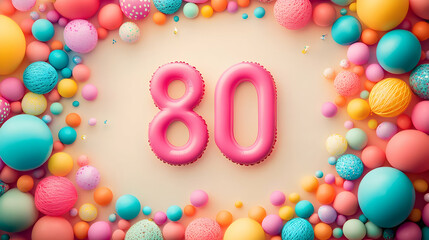 Vibrant Colorful Celebration Background with Pink Balloons and Festive Decorative Elements for 80th Birthday