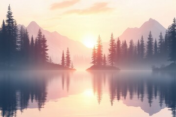 Obraz premium Misty lake at sunrise with forest and mountains, symbol of serenity and natural beauty