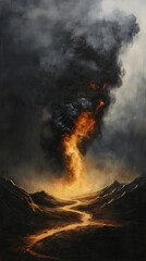 Fototapeta premium Dramatic landscape featuring a fiery volcanic eruption amidst dark storm clouds, creating a striking contrast in nature's fury.