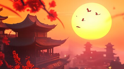 Obraz premium Vibrant Chinese New Year Wallpaper Featuring Traditional Symbols, Red Lanterns, Golden Decorations, and Festive Elements Celebrating the Lunar New Year