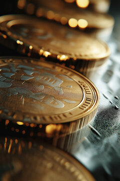 Macro photography style render of cryptocurrency coins with price chart reflections, extreme close-up details, textured metallic surfaces, shallow depth of field, studio lighting setup, professional p