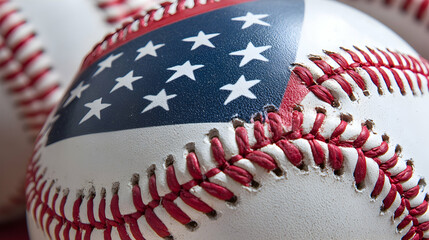 Detailed Close-Up of American Flag Design on Classic Baseball with Red Stitching