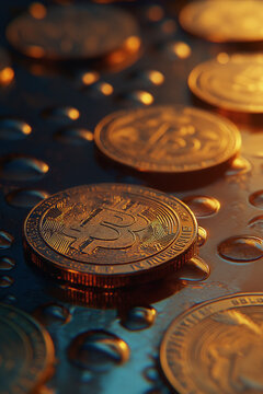 Macro photography style render of cryptocurrency coins with price chart reflections, extreme close-up details, textured metallic surfaces, shallow depth of field, studio lighting setup, professional p
